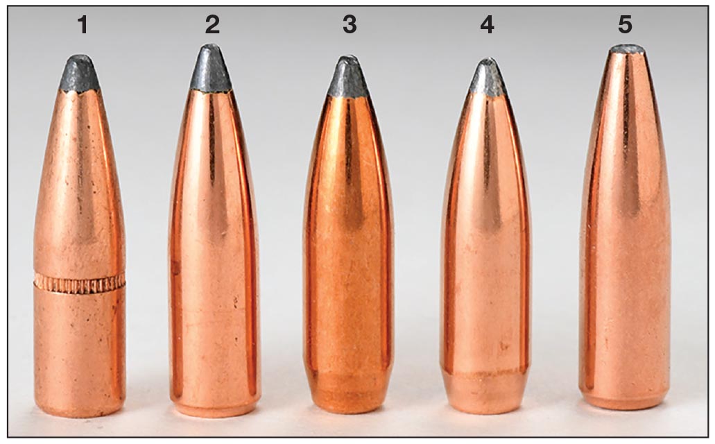 These .25-caliber bullets include the (1) Hornady SP, (2) Nosler Partition, (3) Sierra BTSP, (4) Speer BTSP and (5) Swift A-Frame. All weigh 100 grains, work fine in a standard 1:10 twist barrel at low elevations and are of a traditional shape – not excessively long. Each is suitable for deer and a couple of premium bullets are included.